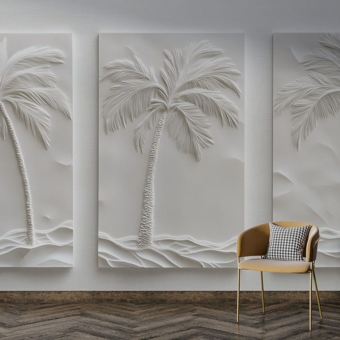 Une pièce moderne avec un papier peint en relief représentant des palmiers blancs sur fond clair, créant une atmosphère apaisante et élégante.