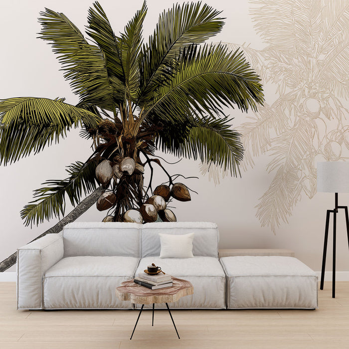 Un salon moderne avec un papier peint illustrant un palmier majestueux aux couleurs vives, créant une ambiance tropicale et relaxante.