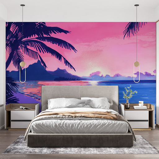 Une chambre moderne avec un papier peint tropical aux teintes roses et bleues, représentant un paysage marin apaisant avec des palmiers.