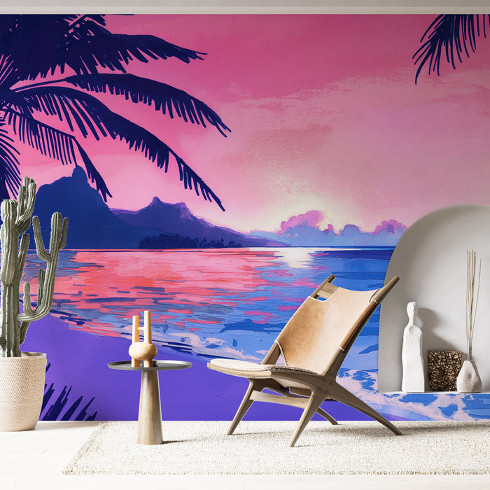 Papier peint palmier et bord de mer | Style peinture