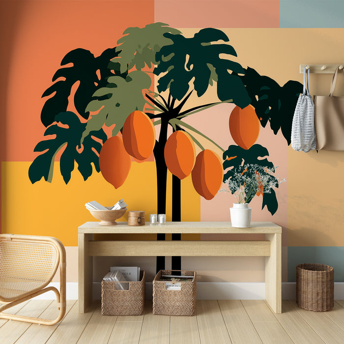 Une pièce moderne avec un papier peint tropical représentant un grand palmier aux feuilles vertes et des fruits orange sur un fond aux teintes chaleureuses.