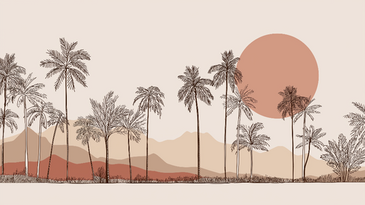 Papier peint palmier et paysage Silhouettes de palmiers au coucher de soleil sur des collines colorées