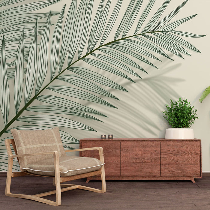 Une pièce moderne avec un papier peint représentant une grande feuille de palmier verte sur fond clair, créant une ambiance tropicale et apaisante.