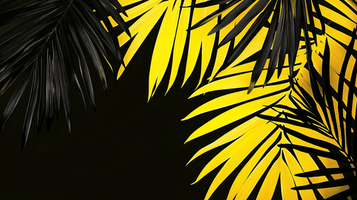 Papier peint palmier Feuilles noires et jaunes sur fond noir