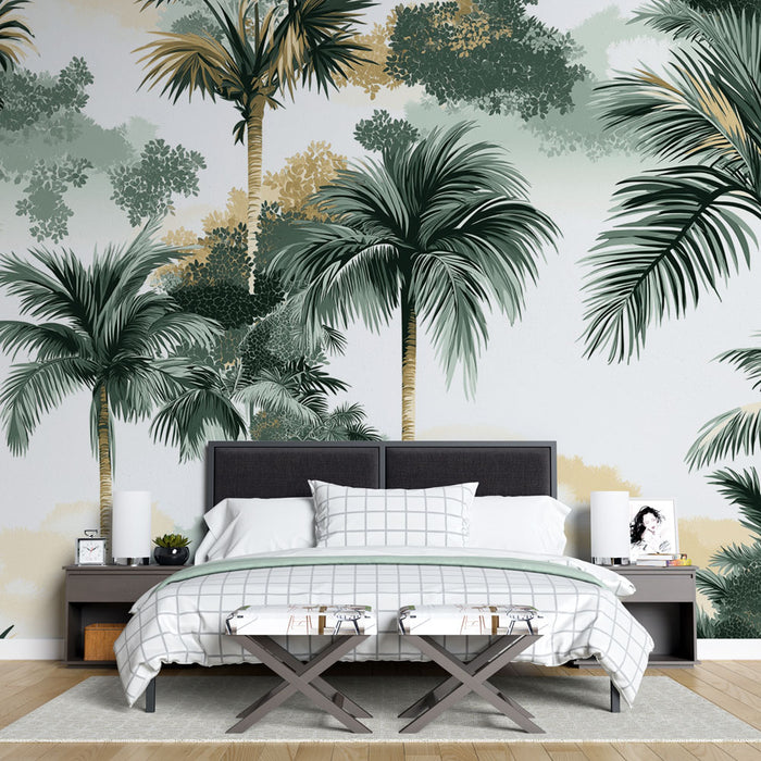 Une chambre moderne avec un papier peint tropical représentant de grandes palmiers verts sur un fond clair, créant une ambiance sereine et rafraîchissante.