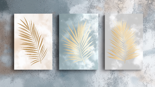 Papier peint palmier imitation tableau Feuilles dorées sur fond pastel doux