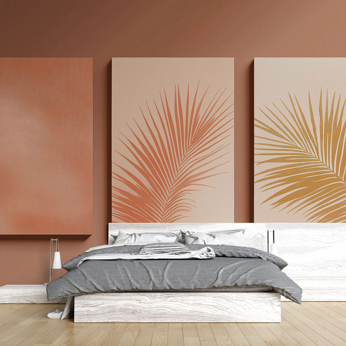 Une chambre moderne avec un papier peint aux teintes douces, présentant des motifs de feuilles tropicales dans des tons orangés et dorés, créant une atmosphère chaleureuse et accueillante.