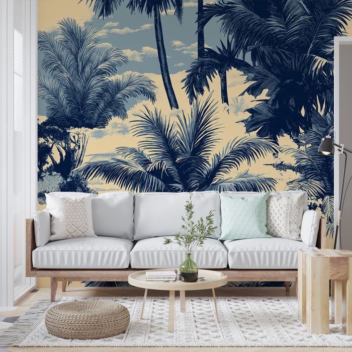 Papier peint palmier | Motif tropical en bleu et beige