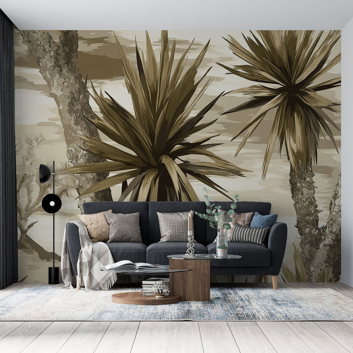 Papier peint palmier | Motif tropical en nuances de beige et marron