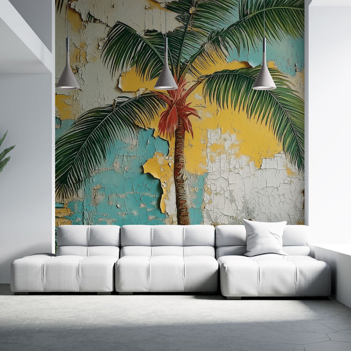 Papier peint palmier | Mur décoratif patiné avec motifs de palmiers exotiques