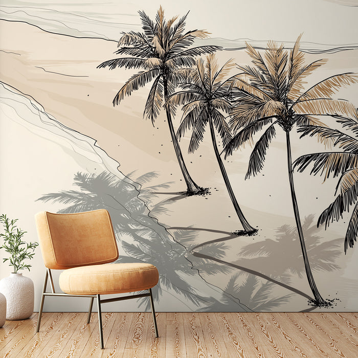 Une chambre moderne avec un papier peint représentant des palmiers stylisés sur un fond beige, créant une ambiance sereine et tropicale.