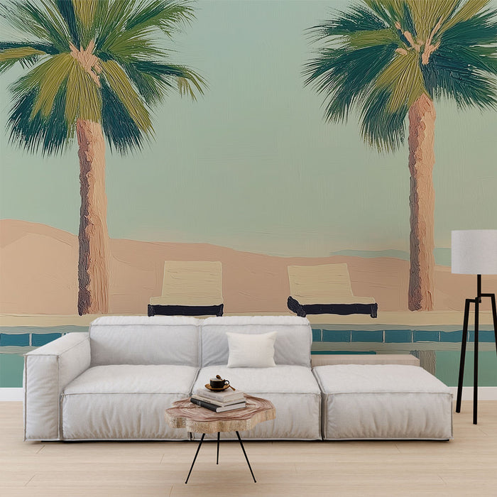 Un salon moderne avec un papier peint représentant des palmiers stylisés sur fond pastel évoquant une ambiance relaxante et estivale.