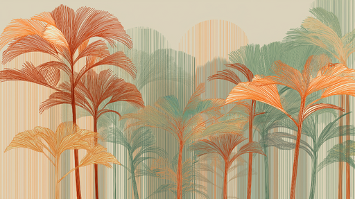 Papier peint palmiers colorés Motifs de palmiers aux nuances d'orange et de vert sur fond clair