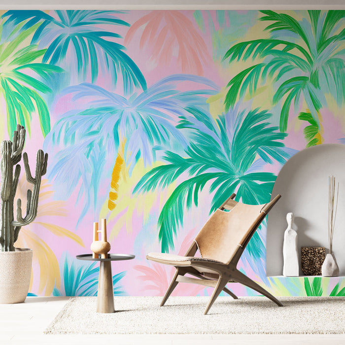 Une pièce moderne avec un papier peint tropical aux grandes palmiers colorés sur fond pastel, créant une atmosphère joyeuse et relaxante.