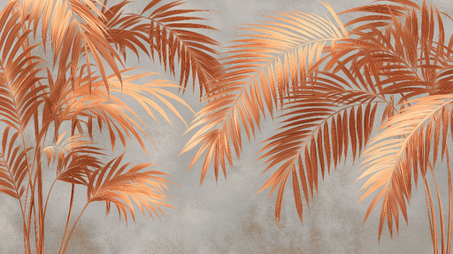 Papier peint palmiers cuivrés Feuilles délicates sur fond texturé gris
