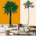 Une pièce moderne avec un papier peint tropical représentant des palmiers stylisés sur fond orange et beige, créant une ambiance chaleureuse et ensoleillée.