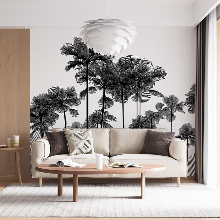 Un salon moderne avec un papier peint tropical noir et blanc représentant des palmiers stylisés, créant une ambiance à la fois élégante et apaisante.