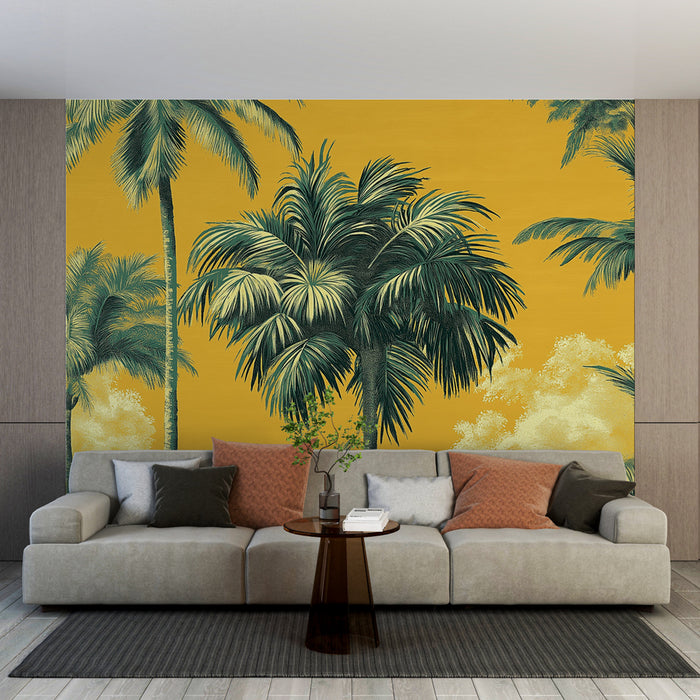 Papier peint palmiers | Design vibrant avec des palmiers sur fond jaune