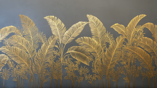 Papier peint palmiers dorés Élégant motif de feuilles dorées sur fond gris