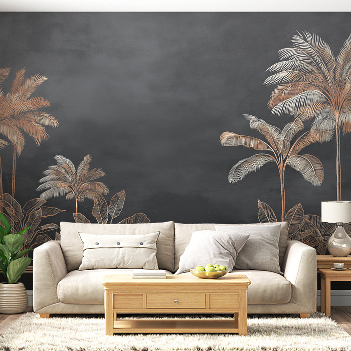 Un salon contemporain avec un papier peint tropical noir orné de palmiers dorés, créant une atmosphère élégante et apaisante.