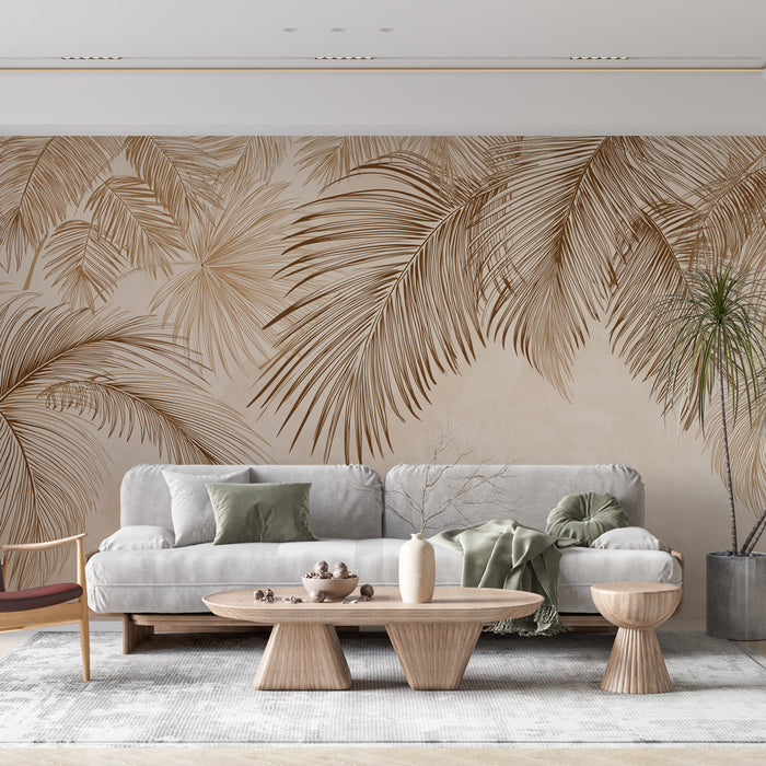 Un salon contemporain avec un papier peint représentant des feuilles de palmier dorées sur fond beige, créant une ambiance chaleureuse et naturelle.