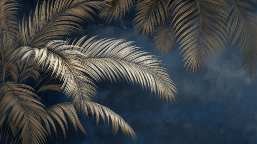 Papier peint palmiers dorés Feuilles de palmier élégamment dorées sur fond bleu nuit