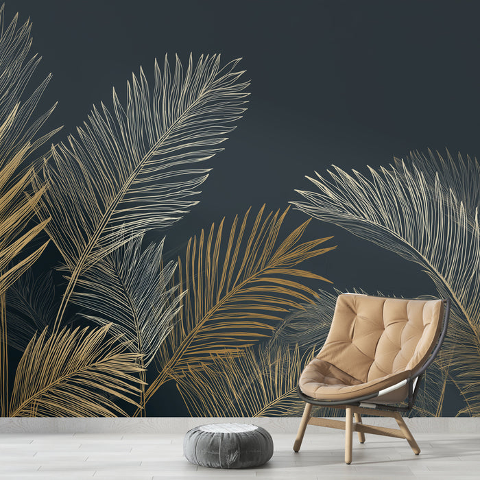 Un salon moderne avec un papier peint représentant des feuilles dorées et blanches sur fond bleu nuit, créant une atmosphère élégante et apaisante.