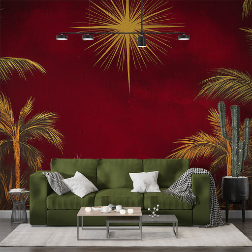 Papier peint tropical rouge éclatant avec palmiers dorés pour salon moderne