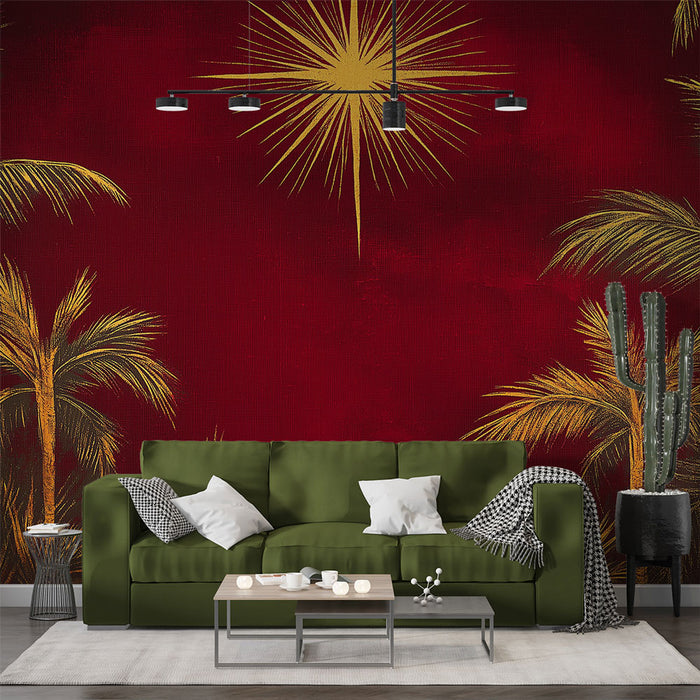 Papier peint tropical rouge éclatant avec palmiers dorés pour salon moderne