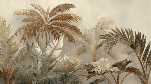 Papier peint palmiers dorés Motifs luxuriants de feuilles dorées sur fond beige