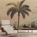 Une pièce moderne avec un papier peint tropical représentant de grandes palmiers sur un fond dégradé pastel, créant une ambiance sereine et exotique.