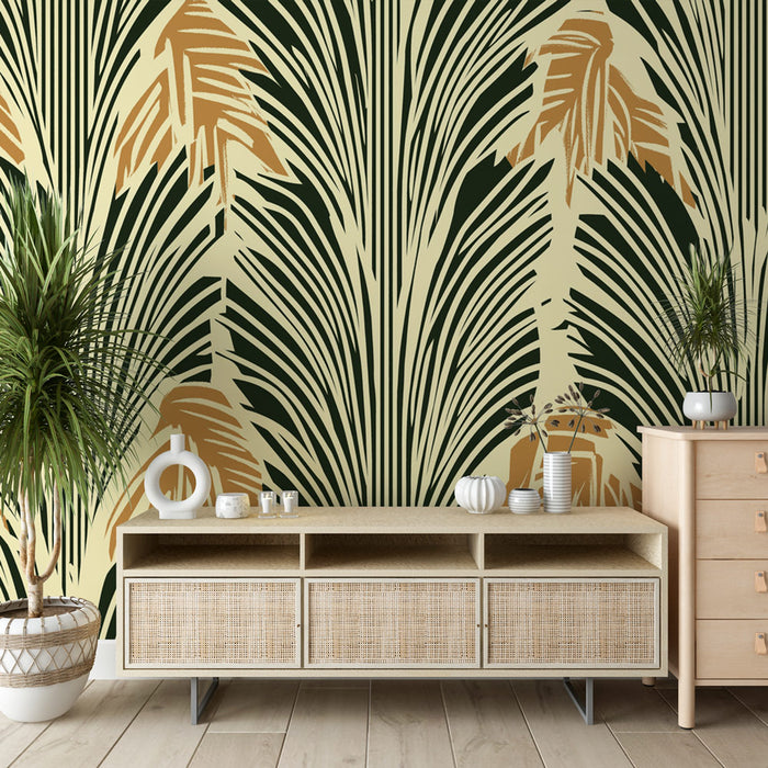 Une pièce moderne avec un papier peint tropical aux grandes feuilles vertes et dorées sur fond clair, créant une ambiance chaleureuse et accueillante.