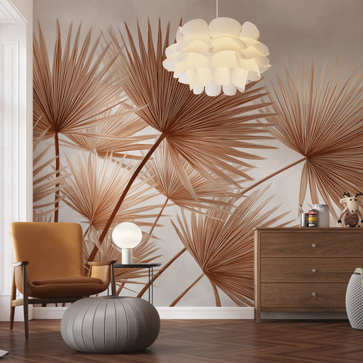 Une pièce lumineuse avec un papier peint tropical aux motifs de palmiers en teintes brunes, créant une atmosphère chaleureuse et naturelle.