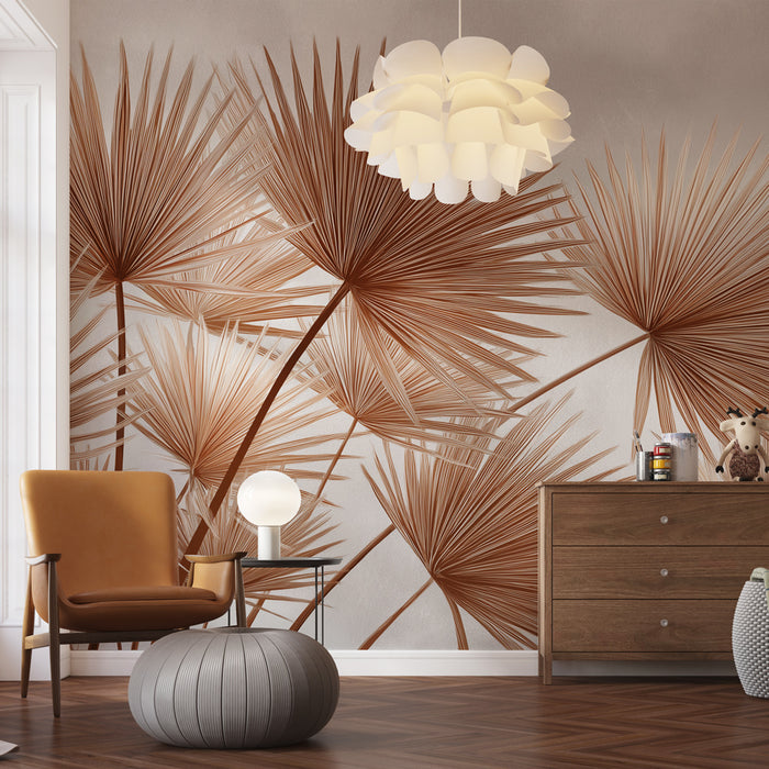 Une pièce lumineuse avec un papier peint tropical aux motifs de palmiers en teintes brunes, créant une atmosphère chaleureuse et naturelle.