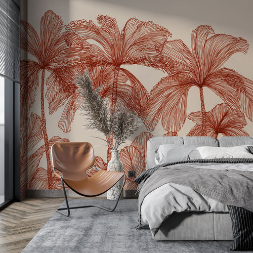 Une chambre moderne avec un papier peint représentant des palmiers en lignes rouge sur fond beige, créant une ambiance chaleureuse et tropicale.