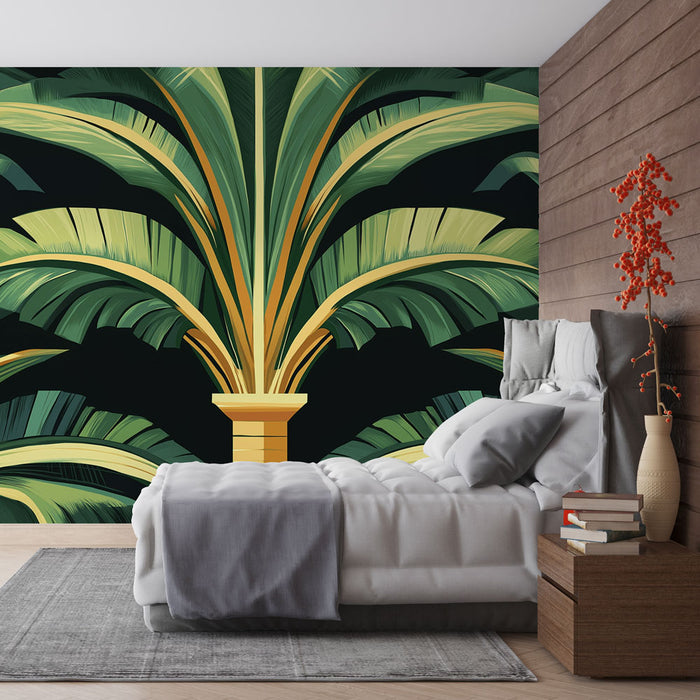 Une chambre moderne avec un papier peint tropical représentant de grandes feuilles vertes et dorées sur fond noir, créant une ambiance vivante et chaleureuse.