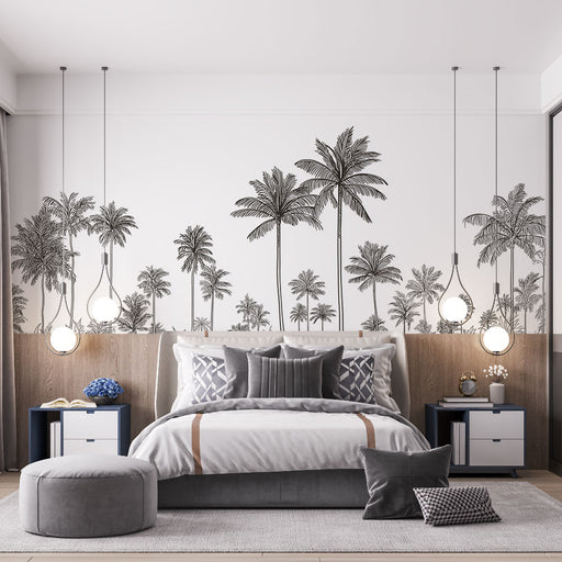 Une chambre moderne avec un papier peint représentant des palmiers en noir sur fond blanc, créant une ambiance tropicale et élégante.