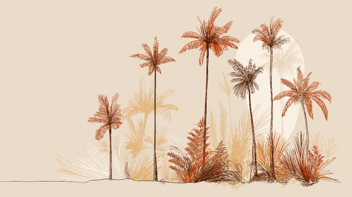 Papier peint palmiers Éléments botaniques dans des nuances chaudes et apaisantes