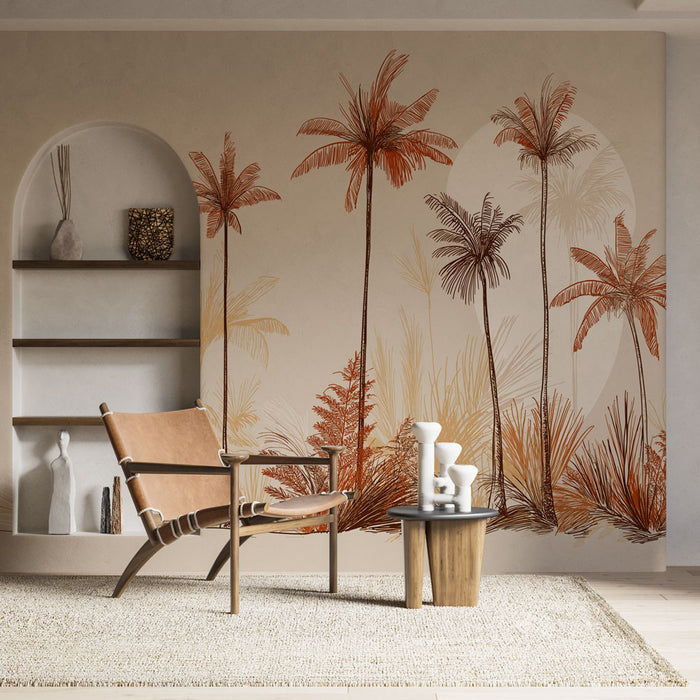 Une pièce moderne avec un papier peint tropical aux teintes chaudes d'orange et de beige, illustrant des palmiers stylisés qui créent une ambiance relaxante et accueillante.