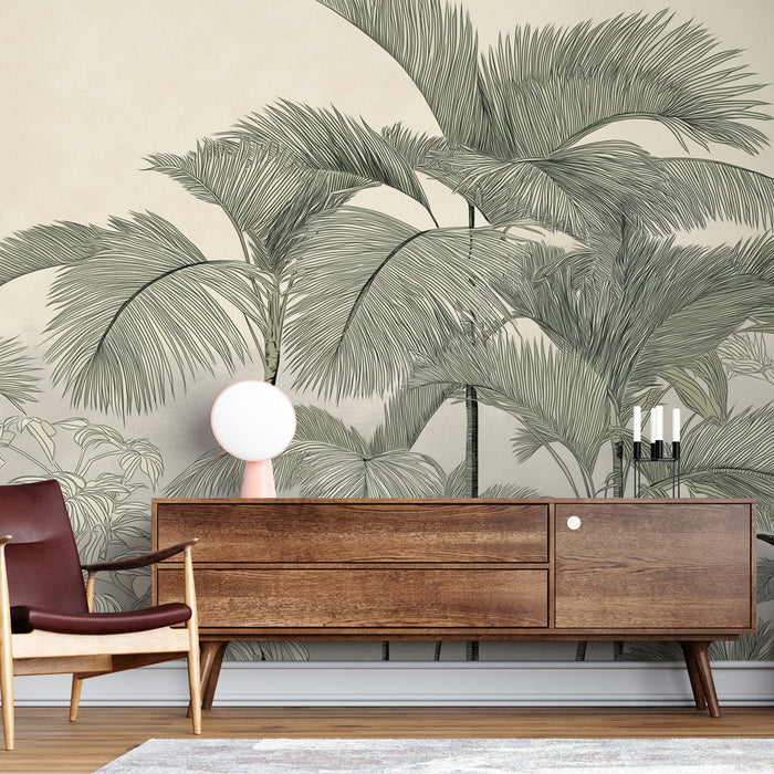 Une pièce moderne avec un papier peint tropical représentant des palmiers délicatement dessinés dans des teintes vertes sur fond beige, créant une ambiance apaisante et naturelle.