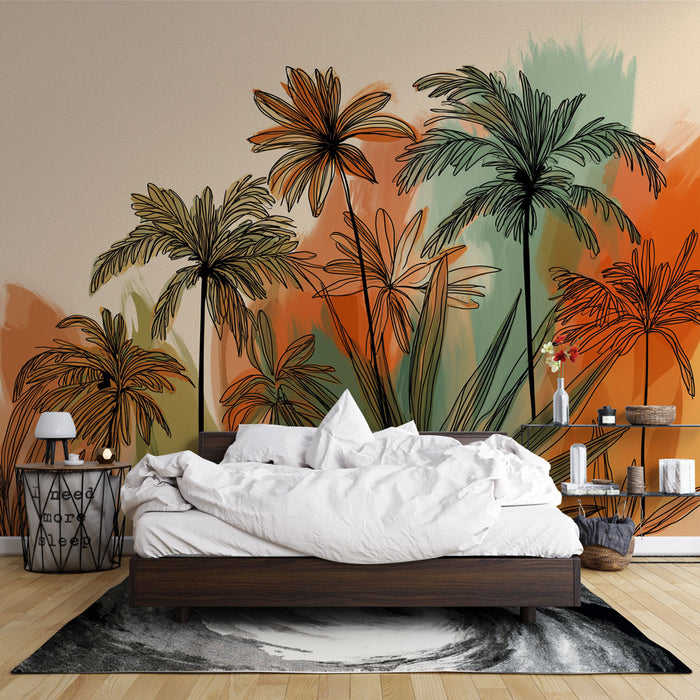 Une chambre moderne avec un papier peint tropical aux motifs de palmiers stylisés sur fond orange et vert, créant une ambiance chaleureuse et vivante.