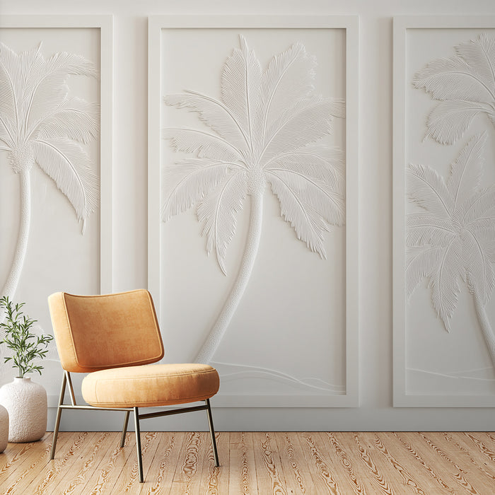 Une pièce contemporaine avec un papier peint texturé représentant des palmiers en relief sur fond blanc, créant une atmosphère apaisante et élégante.