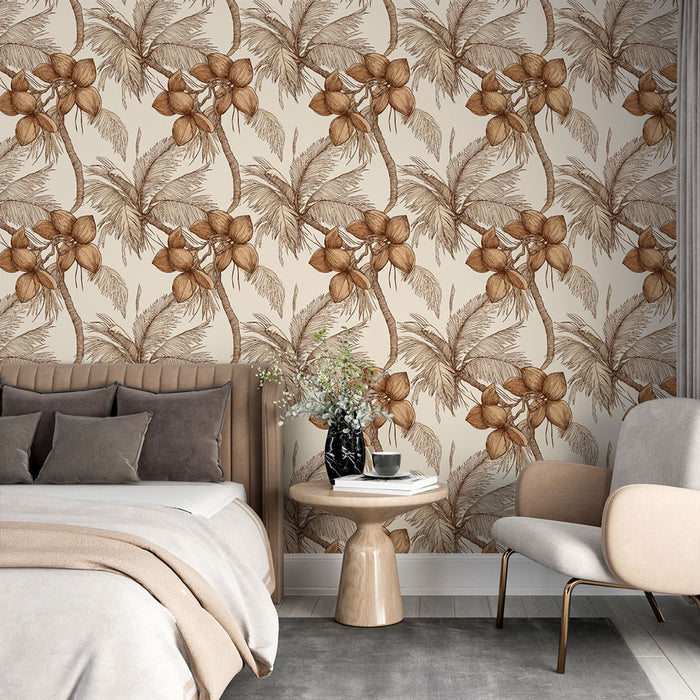 Une chambre élégante avec un papier peint tropical beige et marron représentant des palmiers et des fleurs, créant une atmosphère chaleureuse et apaisante.