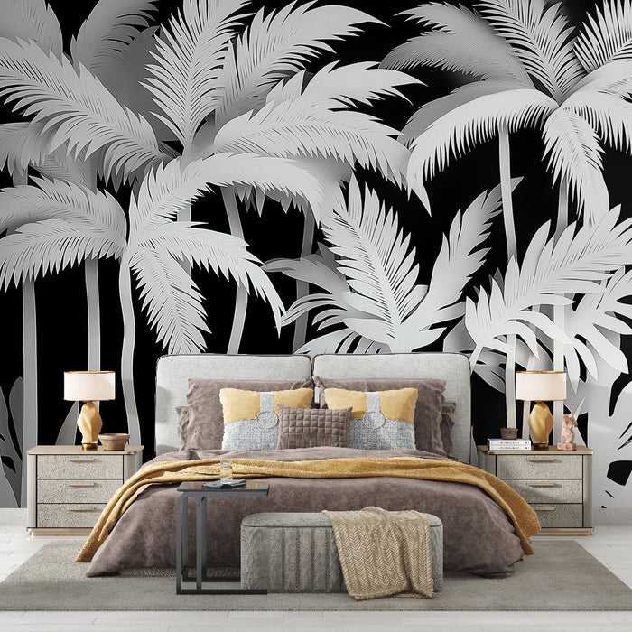 Papier peint tropical noir et blanc avec palmiers et feuillage pour chambre moderne