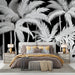 Papier peint tropical noir et blanc avec palmiers et feuillage pour chambre moderne