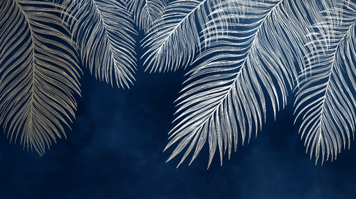 Papier peint palmiers Feuilles blanches élégantes sur fond bleu profond