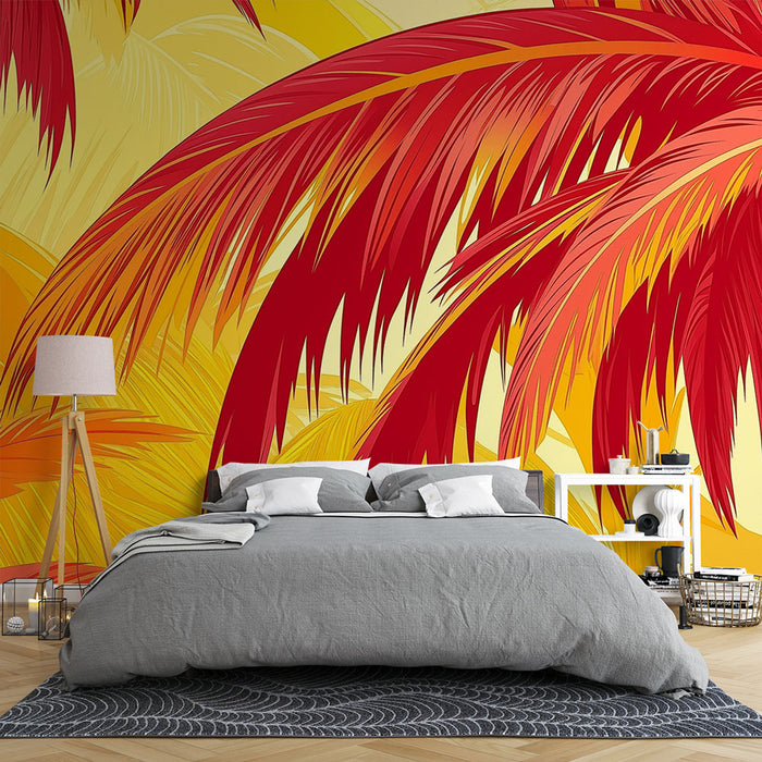 Une chambre moderne avec un papier peint tropical aux grandes feuilles rouges et jaunes sur fond clair, créant une ambiance chaleureuse et énergisante.