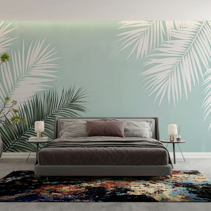 Papier peint palmiers | Feuilles d'arbres exotiques sur fond turquoise