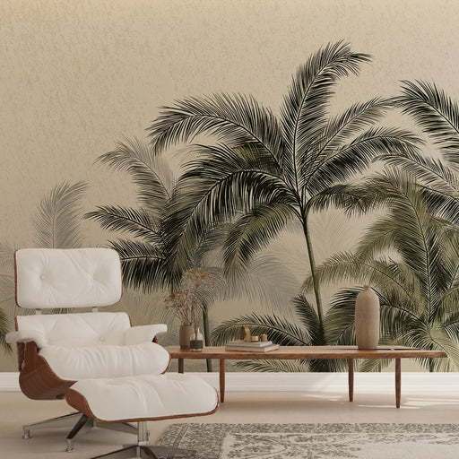 Une pièce moderne avec un papier peint représentant des palmiers en noir sur fond beige, créant une ambiance tropicale et apaisante.