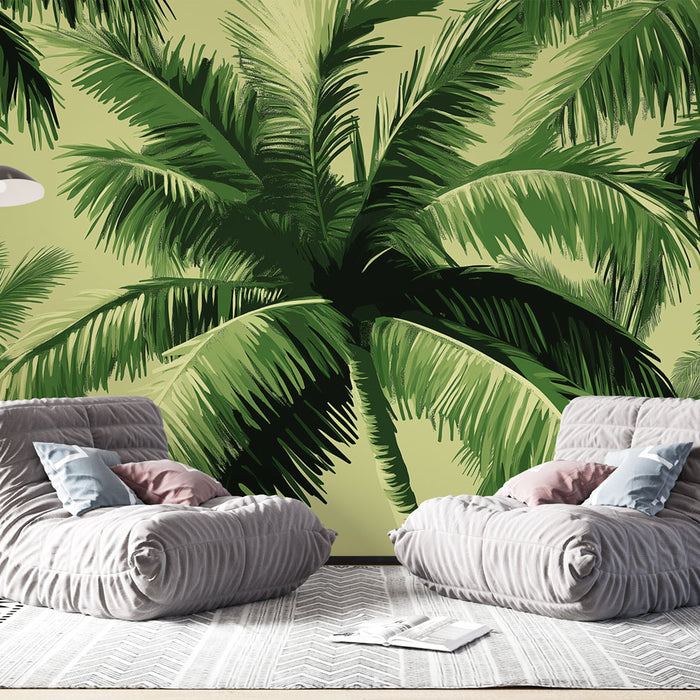Une pièce moderne avec un papier peint tropical représentant de grandes palmiers verts sur fond clair, créant une ambiance fraîche et relaxante.